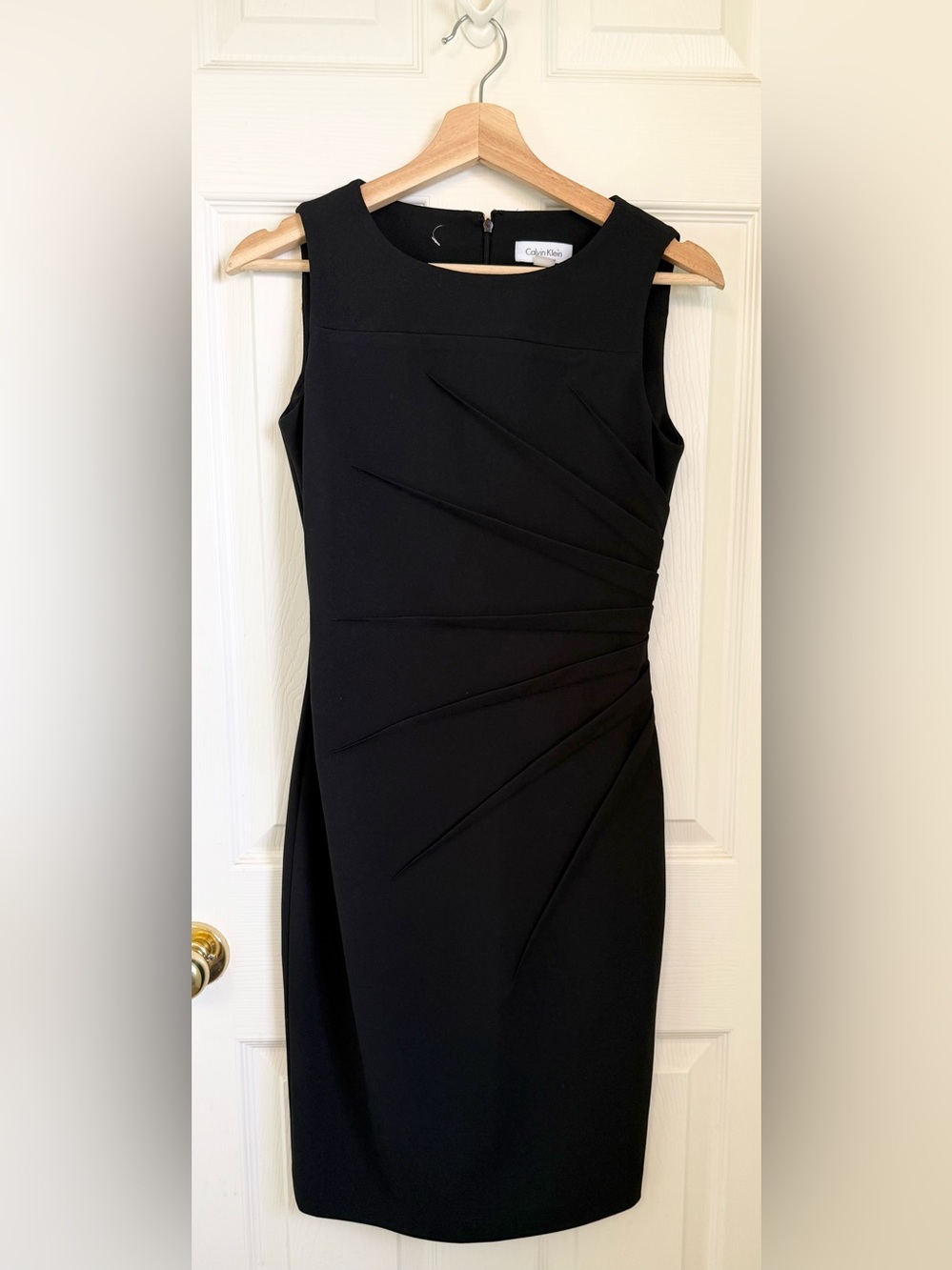 Calvin Klein Black Sleeveless Sheath Dress with Diagonal Pleats